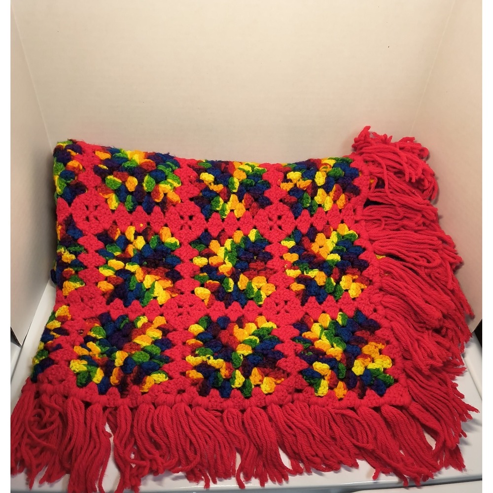 Handmade Granny Square Afghan Crochet Throw‎ Blanket Fringe 3x4 Red Yellow Green